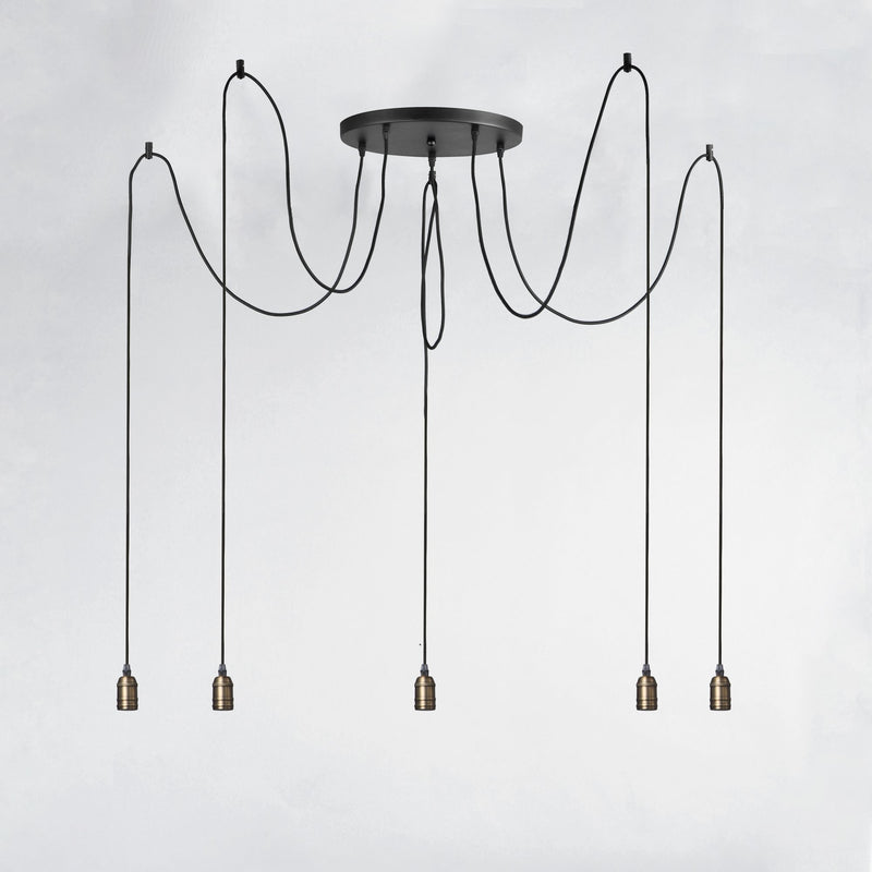 Early Electric 5 Light Pendant in Black / Antique Brass