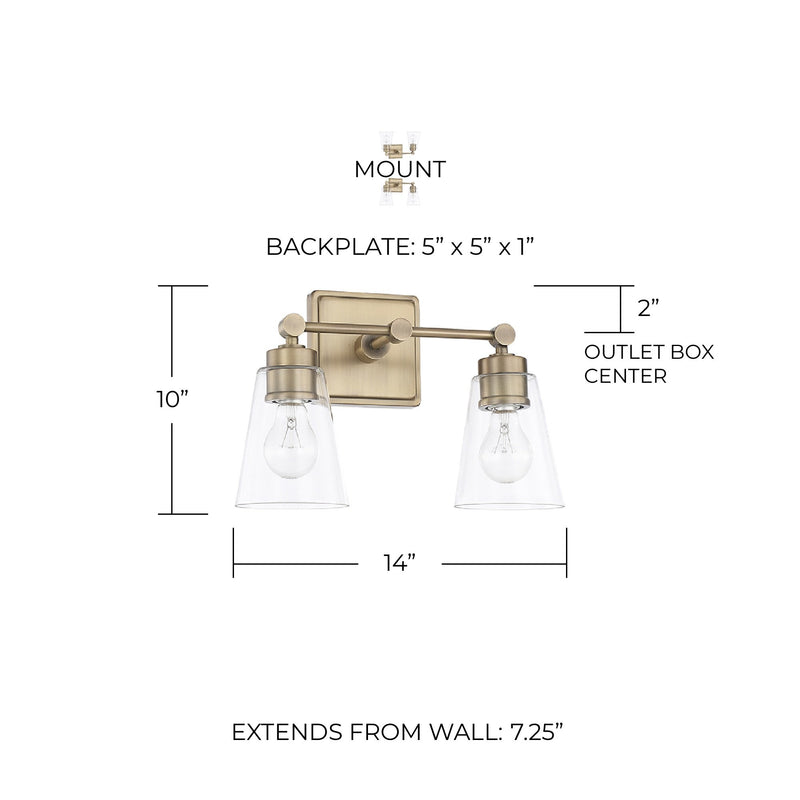 Rory 2-Light Bath Vanity Light in Aged Brass