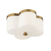 Clover 2 Light Flush Mount with Glass Shade in Natural Aged Brass