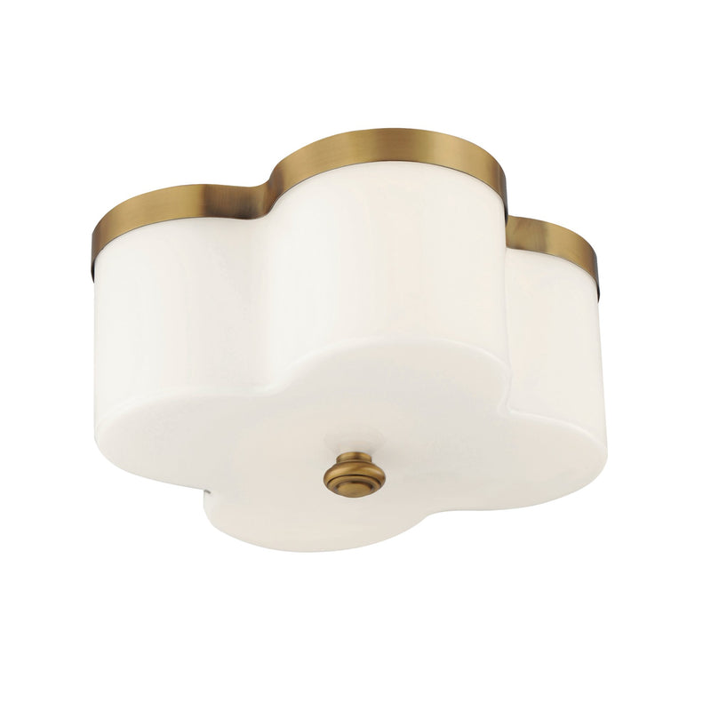 Clover 2 Light Flush Mount with Glass Shade in Natural Aged Brass