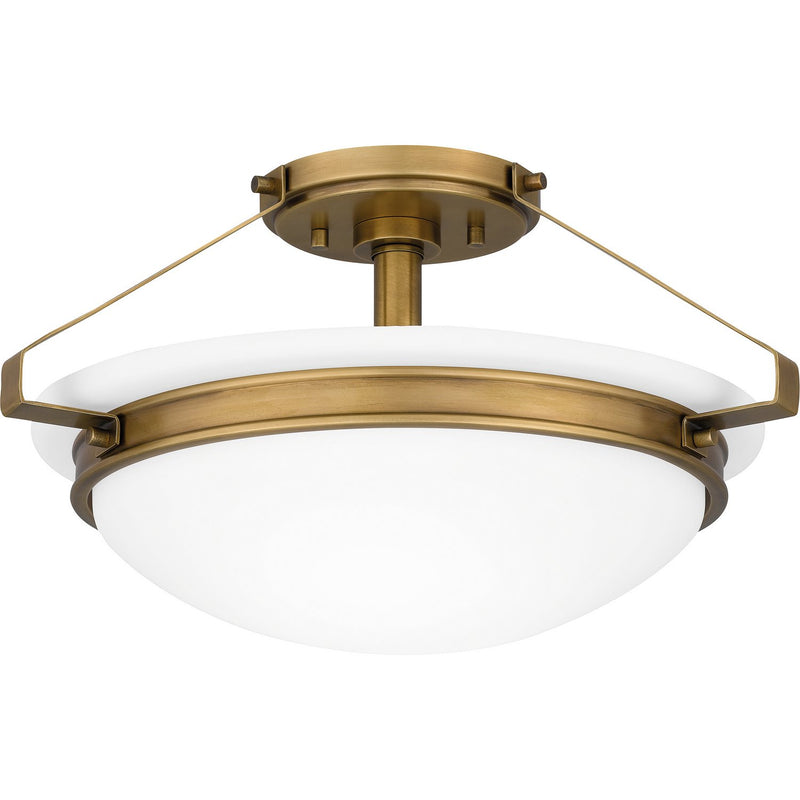 Opal Glass Bowl 2-Light Semi-Flush Mount in Weathered Brass