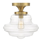 Schoolhouse Clear Glass 12" 1-Light Semi-Flush Mount in Natural Brass