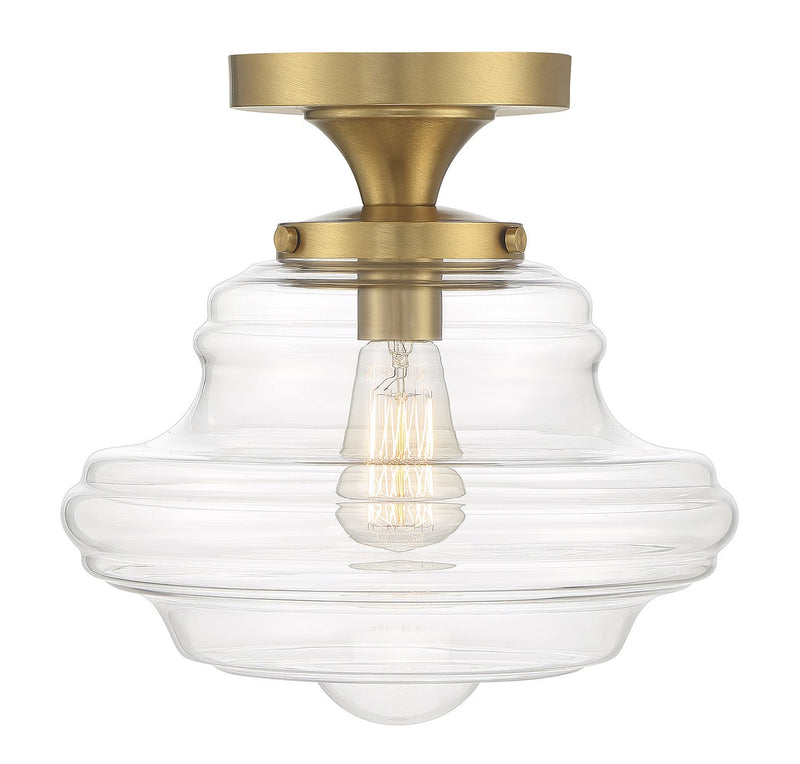 Schoolhouse Clear Glass 12" 1-Light Semi-Flush Mount in Natural Brass