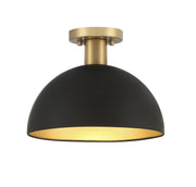 Industrial Metal Bell 12" 1-Light Semi-Flush Mount in Matte Black with Natural Brass