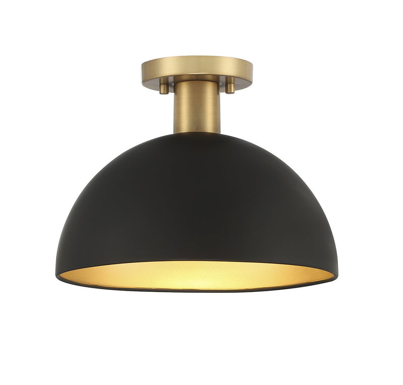 Industrial Metal Bell 12" 1-Light Semi-Flush Mount in Matte Black with Natural Brass