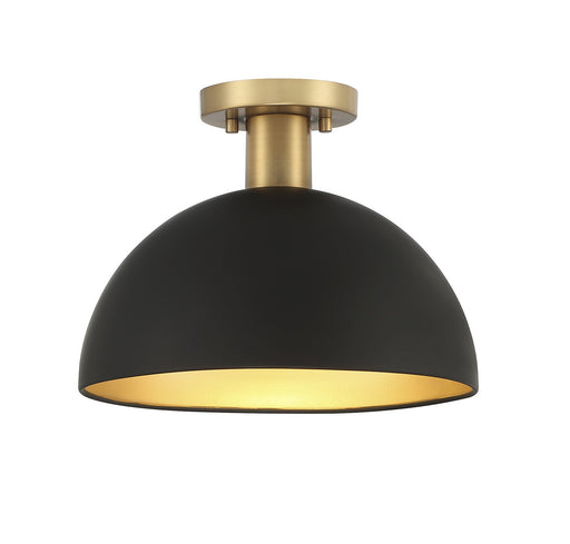 Industrial Metal Bell 12" 1-Light Semi-Flush Mount in Matte Black with Natural Brass