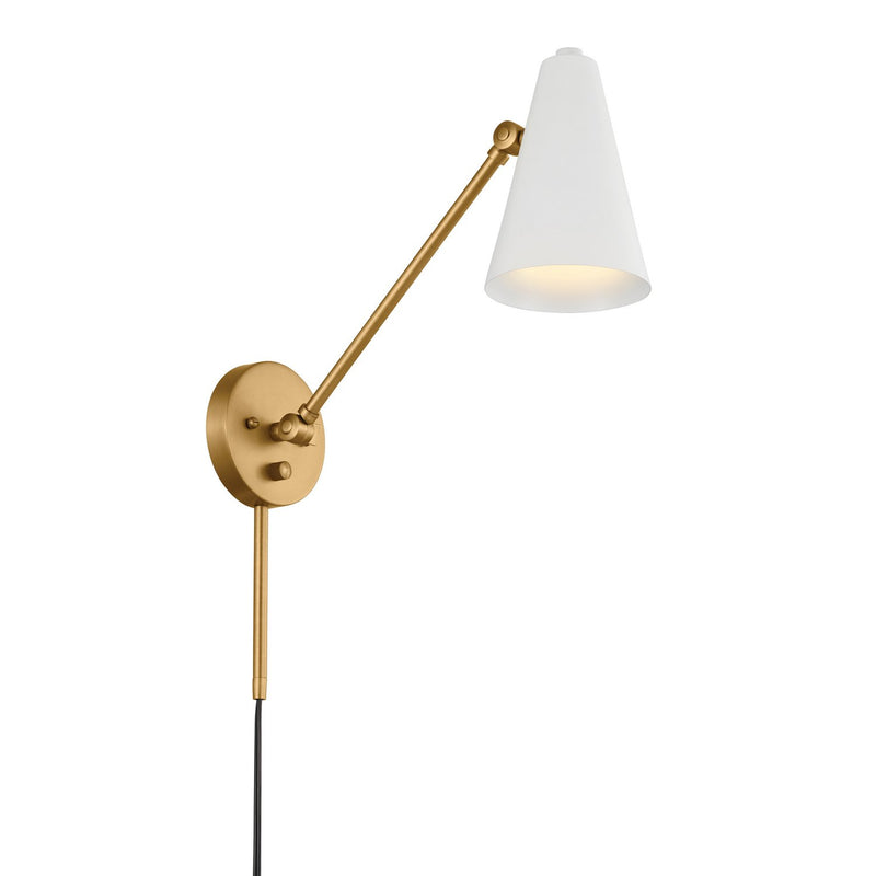 Sylvia Small Swing Arm Wall Lamp in Natural Brass & White