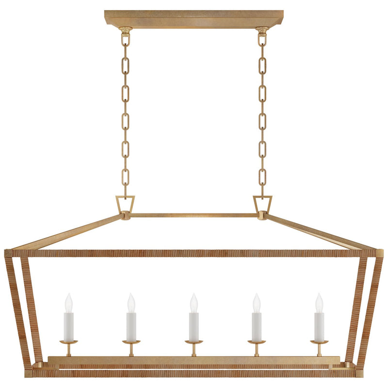 Darlana Medium Rattan Wrapped 5-Light Linear Chandelier in Antique-Burnished Brass and Natural Rattan