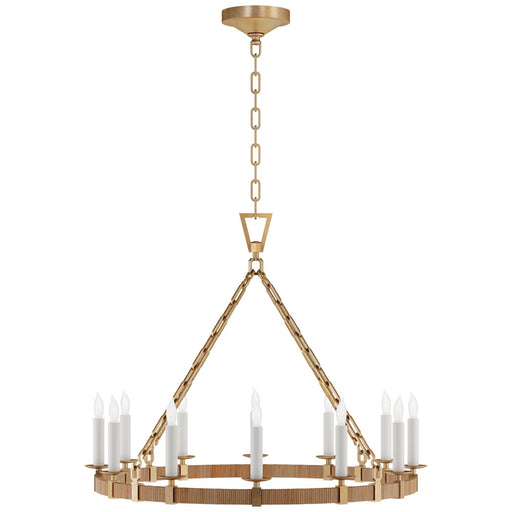 Darlana Medium Wrapped Ring 12-Light Chandelier in Antique-Burnished Brass and Natural Rattan