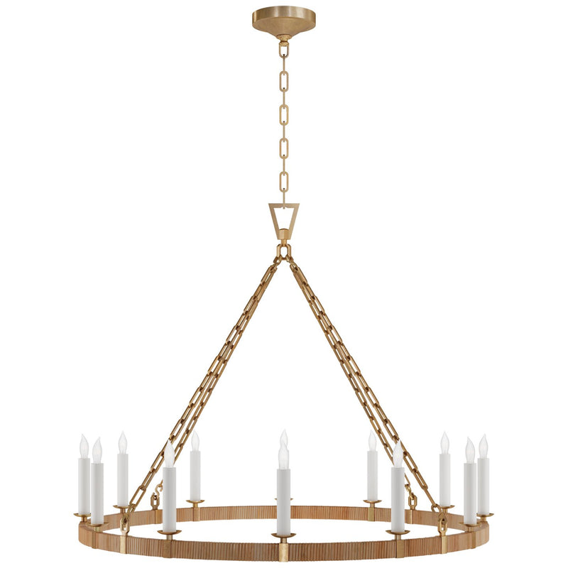 Darlana Large Wrapped Ring 12-Light Chandelier in Antique-Burnished Brass and Natural Rattan