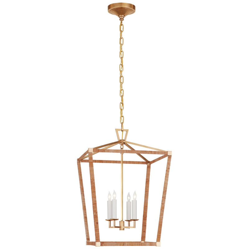 Darlana Medium Wrapped 4-Light Lantern Chandelier in Antique-Burnished Brass and Natural Rattan