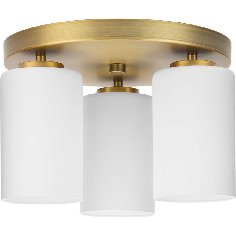 Cofield 3-Light Etched White Glass Flush Mount in Vintage Brass