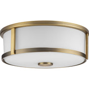 Gilliam 2-Light Etched Glass Flush Mount in Vintage Brass