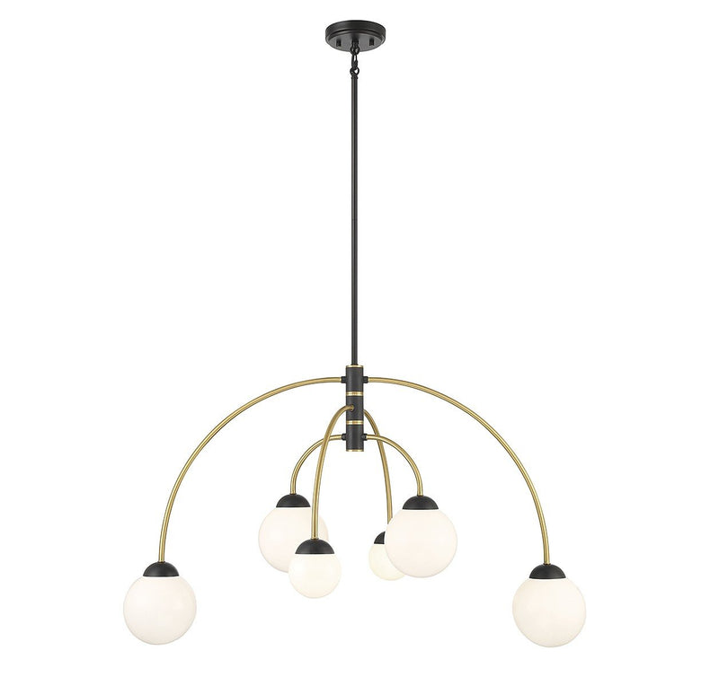 Opal Globe 38" 6-Light Chandelier in Matte Black with Natural Brass