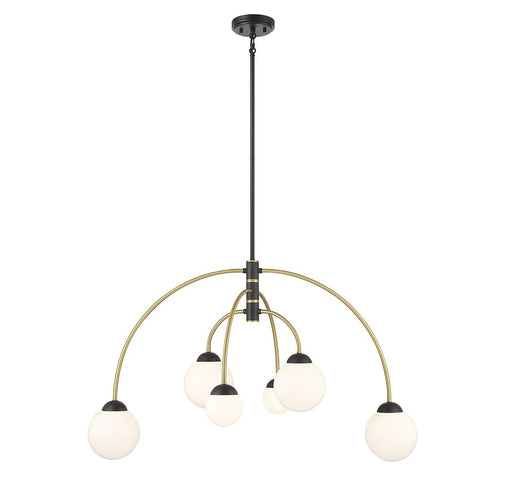 Opal Globe 38" 6-Light Chandelier in Matte Black with Natural Brass