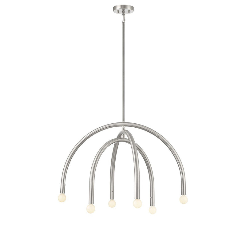 Mid-Century Exposed-Bulb 30" 6-Light Chandelier in Brushed Nickel
