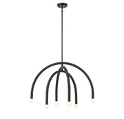 Mid-Century Exposed-Bulb 30" 6-Light Chandelier in Matte Black