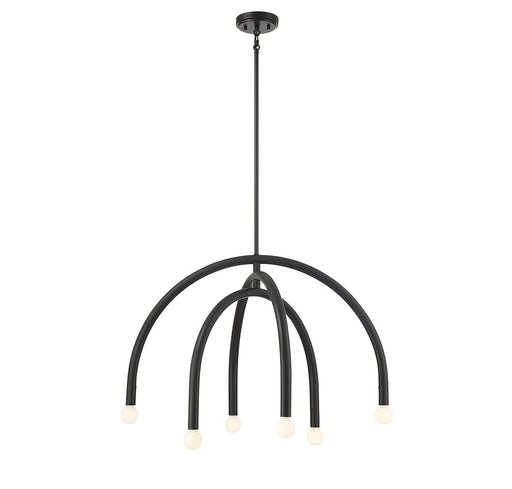 Mid-Century Exposed-Bulb 30" 6-Light Chandelier in Matte Black