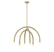 Mid-Century Exposed-Bulb 30" 6-Light Chandelier in Natural Brass