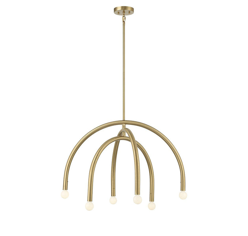 Mid-Century Exposed-Bulb 30" 6-Light Chandelier in Natural Brass
