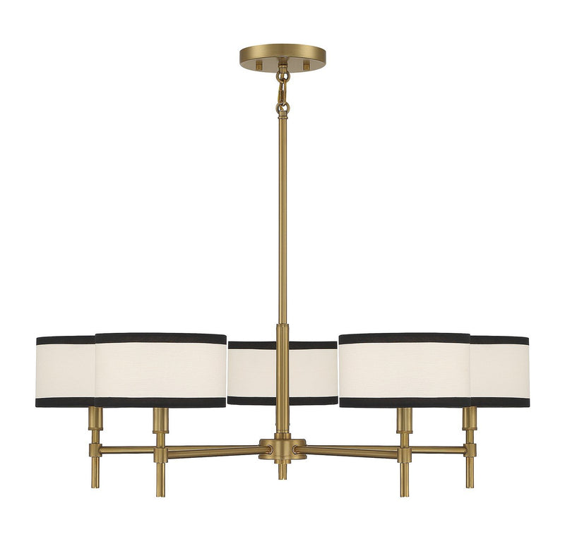 Black-Trimmed Fabric Shade 30" 5-Light Chandelier in Natural Brass