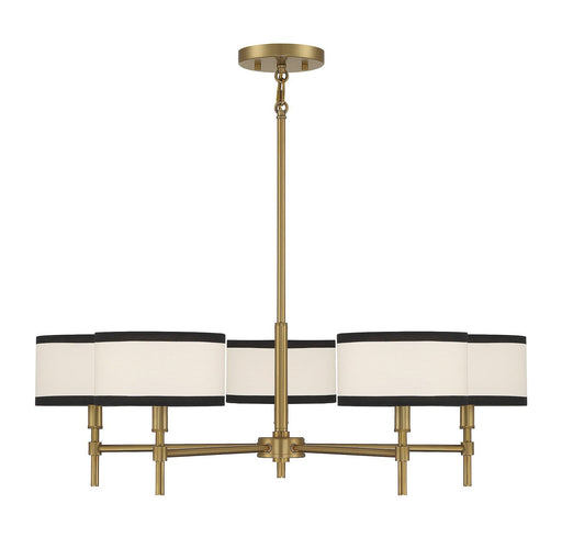 Black-Trimmed Fabric Shade 30" 5-Light Chandelier in Natural Brass