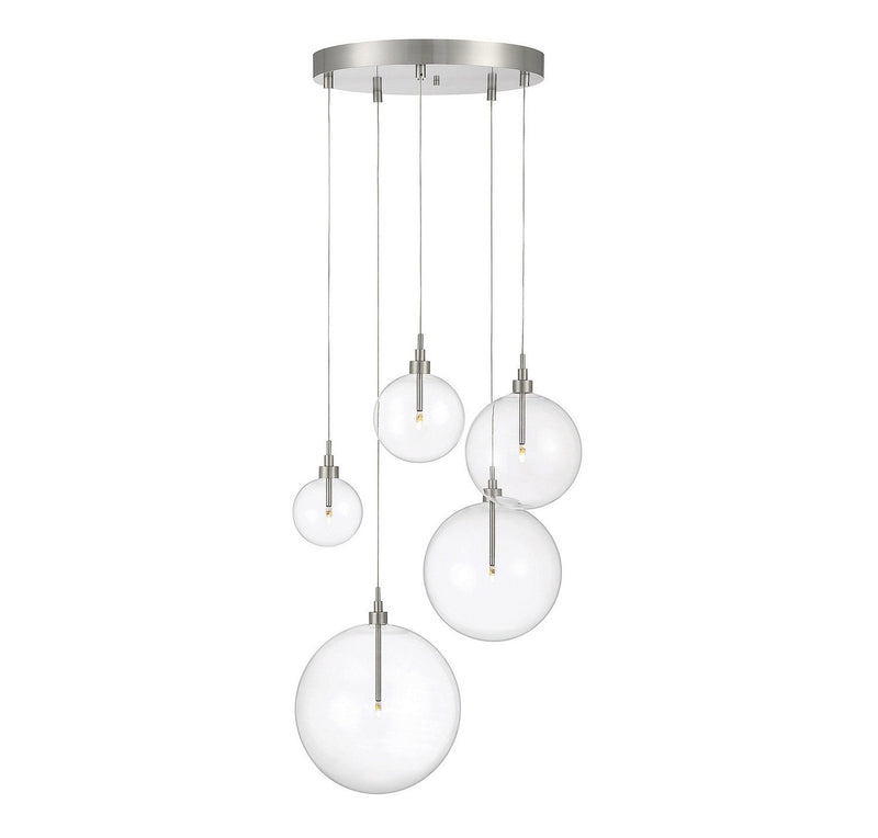 Clear Globe 28" 5-Light Cluster Pendant in Brushed Nickel