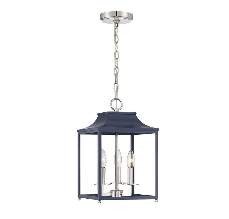 Nautical Cage 10" 3-Light Lantern Pendant in Navy Blue with Polished Nickel
