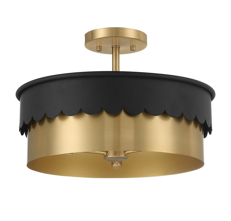 Art Deco Metal Drum 16" 3-Light Semi-Flush Mount in Matte Black and Natural Brass