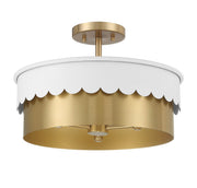 Art Deco Metal Drum 16" 3-Light Semi-Flush Mount in White and Natural Brass