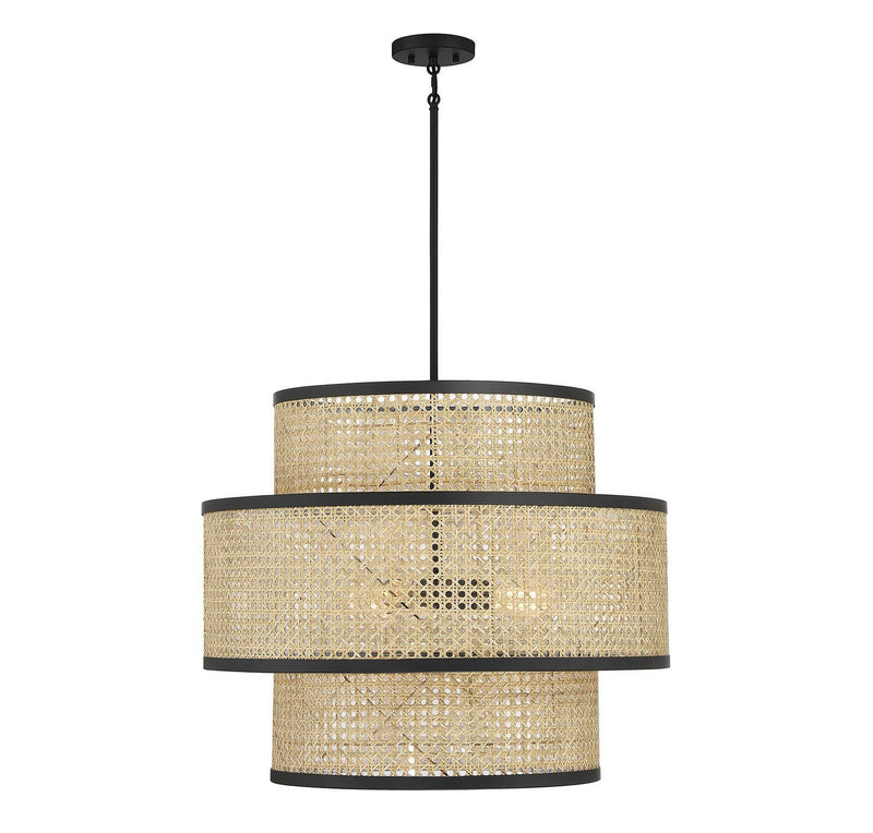 Natural Cane 22" 3-Light Drum Pendant in Natural Cane with Matte Black