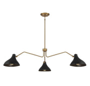 Mid-Century Metal Shade 48" 3-Light Chandelier in Matte Black with Natural Brass