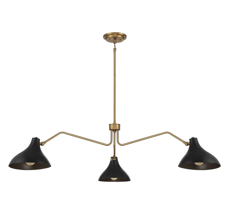 Mid-Century Metal Shade 48" 3-Light Chandelier in Matte Black with Natural Brass