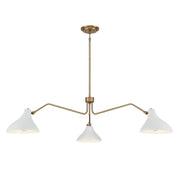Mid-Century Metal Shade 48" 3-Light Chandelier in White with Natural Brass