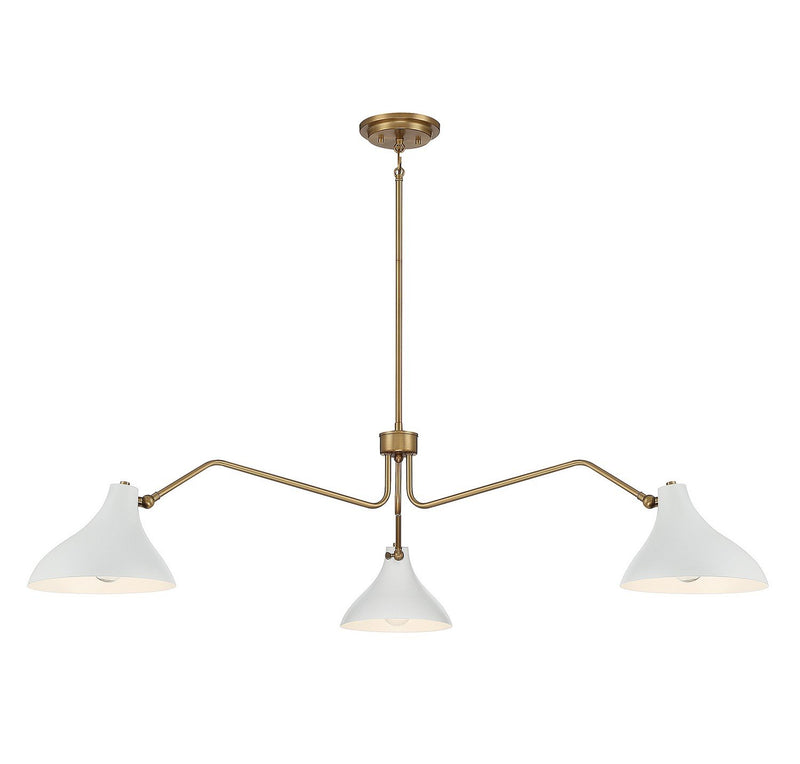 Mid-Century Metal Shade 48" 3-Light Chandelier in White with Natural Brass