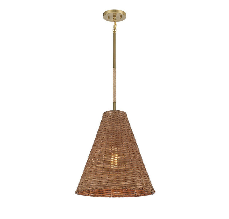 Rattan Cone with Rope 16" 1-Light Pendant in Natural Brass