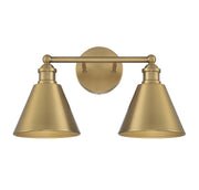 Farmhouse Metal Shade 2-Light Bath Vanity Light in Natural Brass