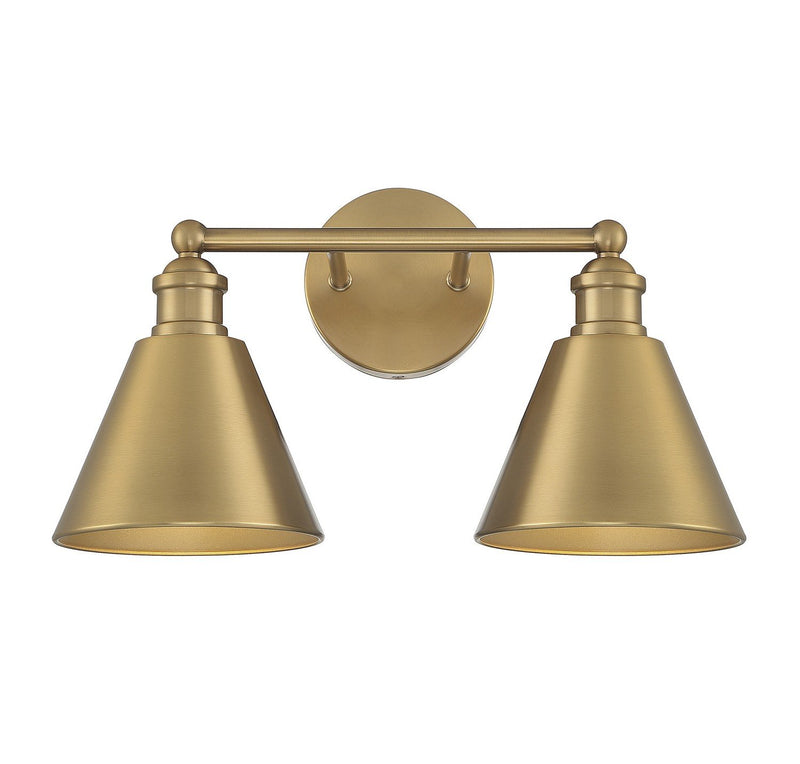 Farmhouse Metal Shade 2-Light Bath Vanity Light in Natural Brass