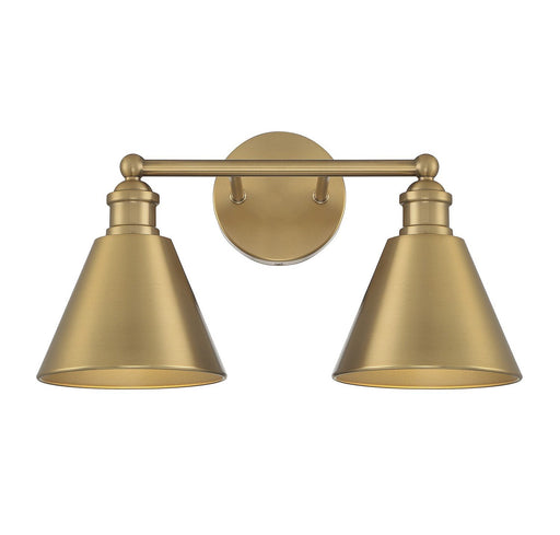 Farmhouse Metal Shade 2-Light Bath Vanity Light in Natural Brass