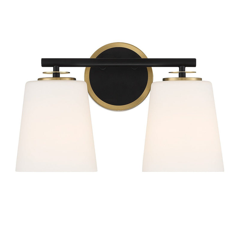 Armed Opal Glass 15" 2-Light Bath Vanity Light in Matte Black and Natural Brass