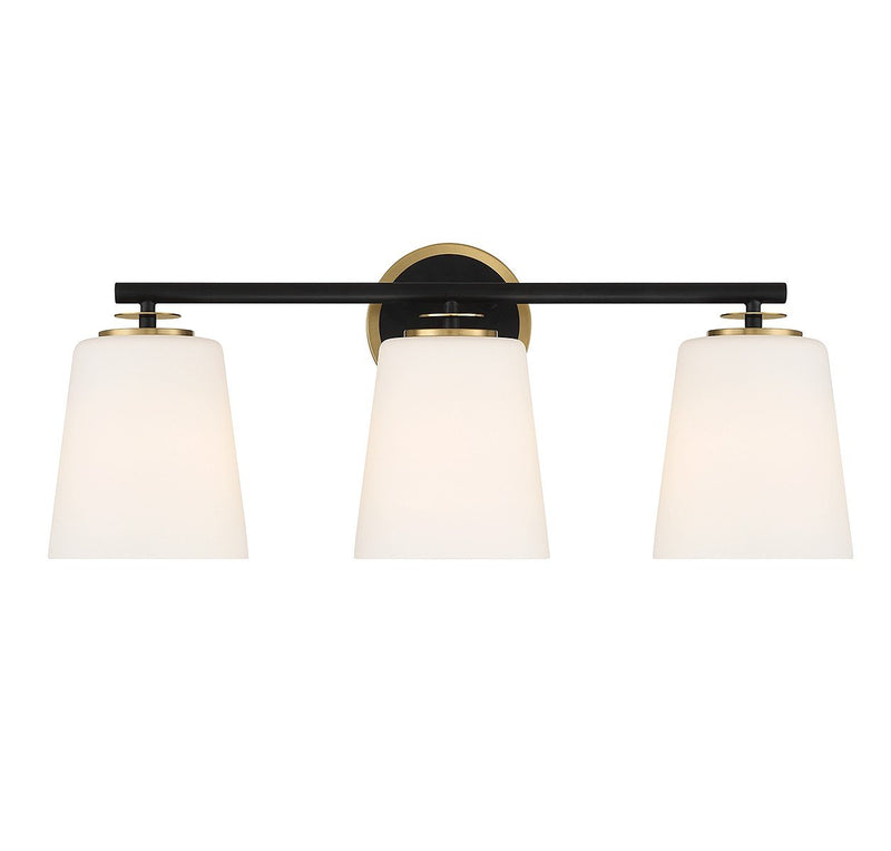 Transitional Opal Glass 24" 3-Light Bath Vanity Light in Matte Black and Natural Brass