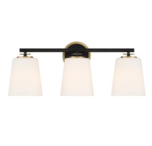 Transitional Opal Glass 24" 3-Light Bath Vanity Light in Matte Black and Natural Brass