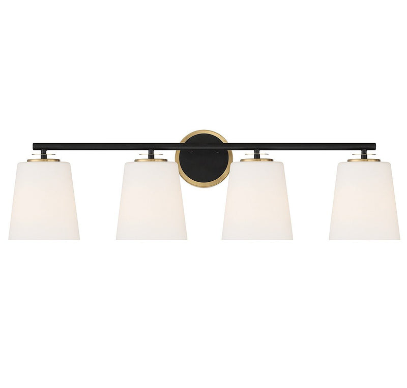 Transitional Opal Glass 33" 4-Light Bath Vanity Light in Matte Black and Natural Brass