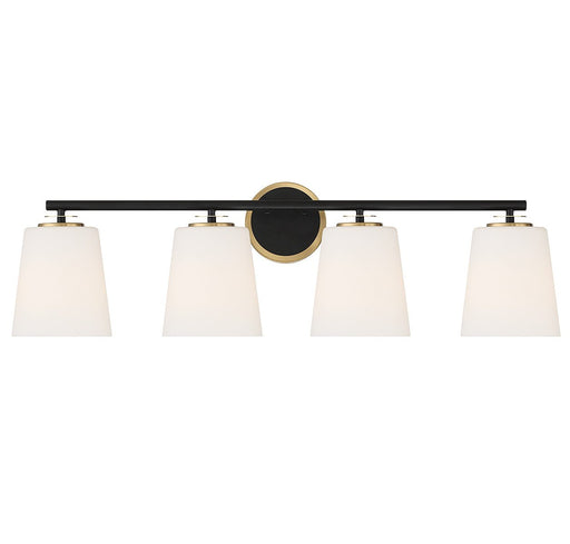 Transitional Opal Glass 33" 4-Light Bath Vanity Light in Matte Black and Natural Brass