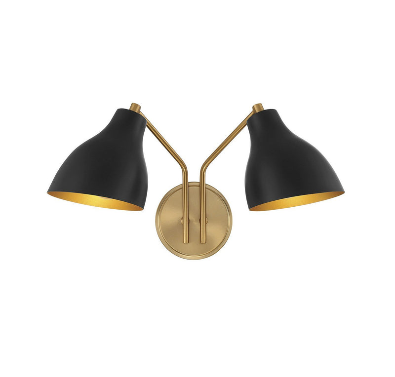 Mid-Century Armed 2-Light Wall Sconce with Metal Shades in Matte Black with Natural Brass