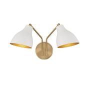 Mid-Century Armed 2-Light Wall Sconce with Metal Shades in White with Natural Brass