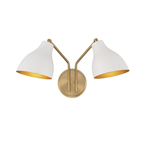 Mid-Century Armed 2-Light Wall Sconce with Metal Shades in White with Natural Brass