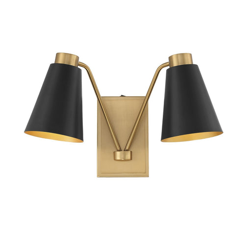 Vintage Slim-Profile 2-Light Wall Sconce with Metal Shades in Matte Black with Natural Brass