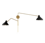 Plug-In Metal Shade 2-Light Swing Arm Wall Lamp in Matte Black with Natural Brass