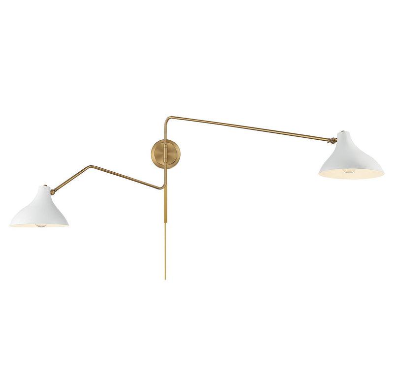 Plug-In Metal Shade 2-Light Swing Arm Wall Lamp in White with Natural Brass